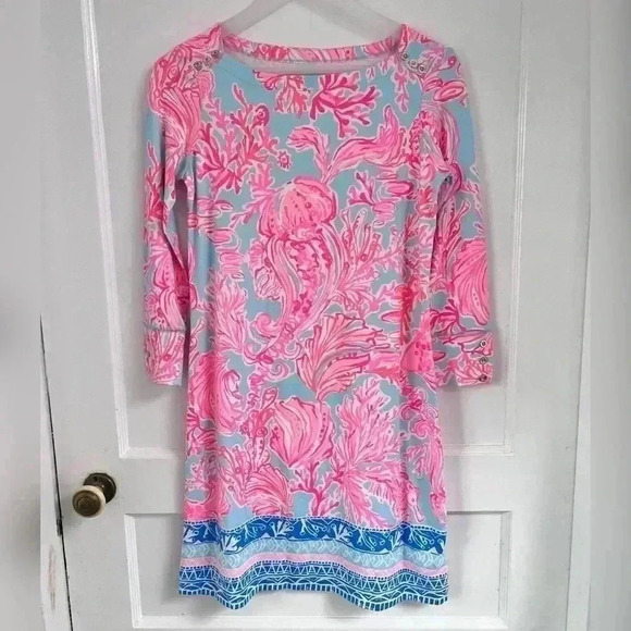 LILLY PULITZER Sophie Dress Seasalt Blue Shell We Dance MEDIUM 3/4 Sleeve - Picture 1 of 3